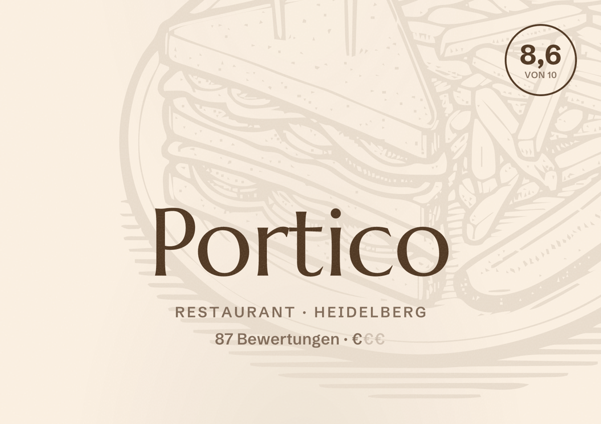 Illustriertes Poster von Portico, Restaurant in Heidelberg: Bewertung 8,6 von 10 aus 87 Bewertungen, Preisniveau €