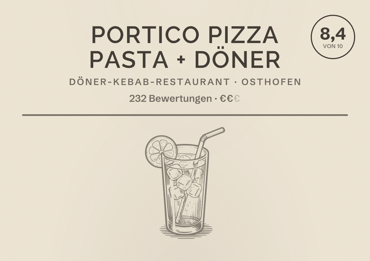 Illustriertes Poster von Portico Pizza Pasta + Döner, Döner-Kebab-Restaurant in Osthofen: Bewertung 8,4 von 10 aus 232 Bewertungen, Preisniveau €€