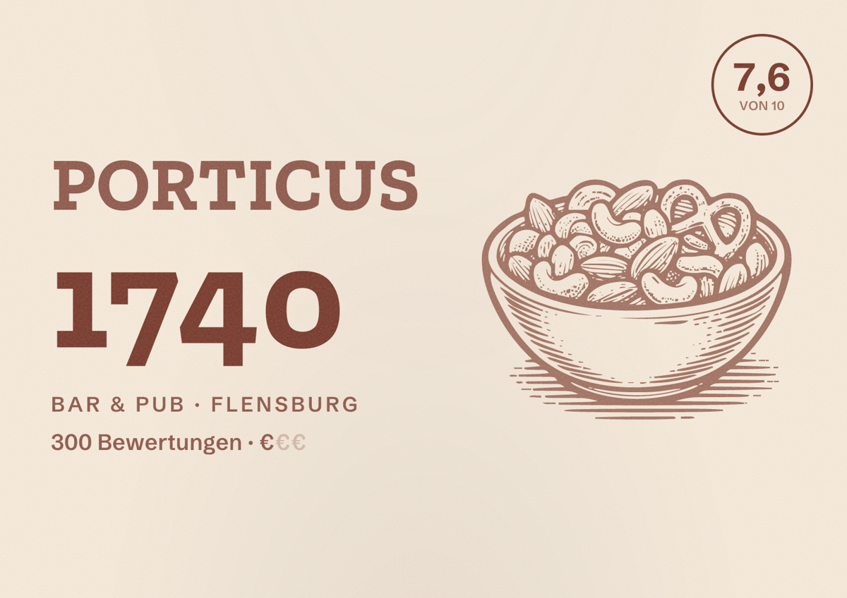 Illustriertes Poster von PORTICUS 1740, Bar & Pub in Flensburg: Bewertung 7,6 von 10 aus 300 Bewertungen, Preisniveau €