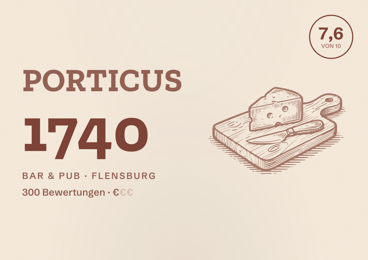 Illustriertes Poster von PORTICUS 1740, Bar & Pub in Flensburg: Bewertung 7,6 von 10 aus 300 Bewertungen, Preisniveau €