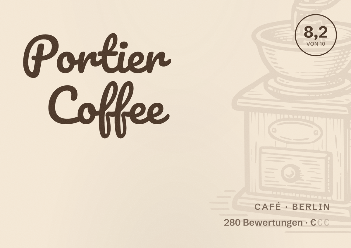 Illustriertes Poster von Portier Coffee, Café in Berlin: Bewertung 8,2 von 10 aus 280 Bewertungen, Preisniveau €