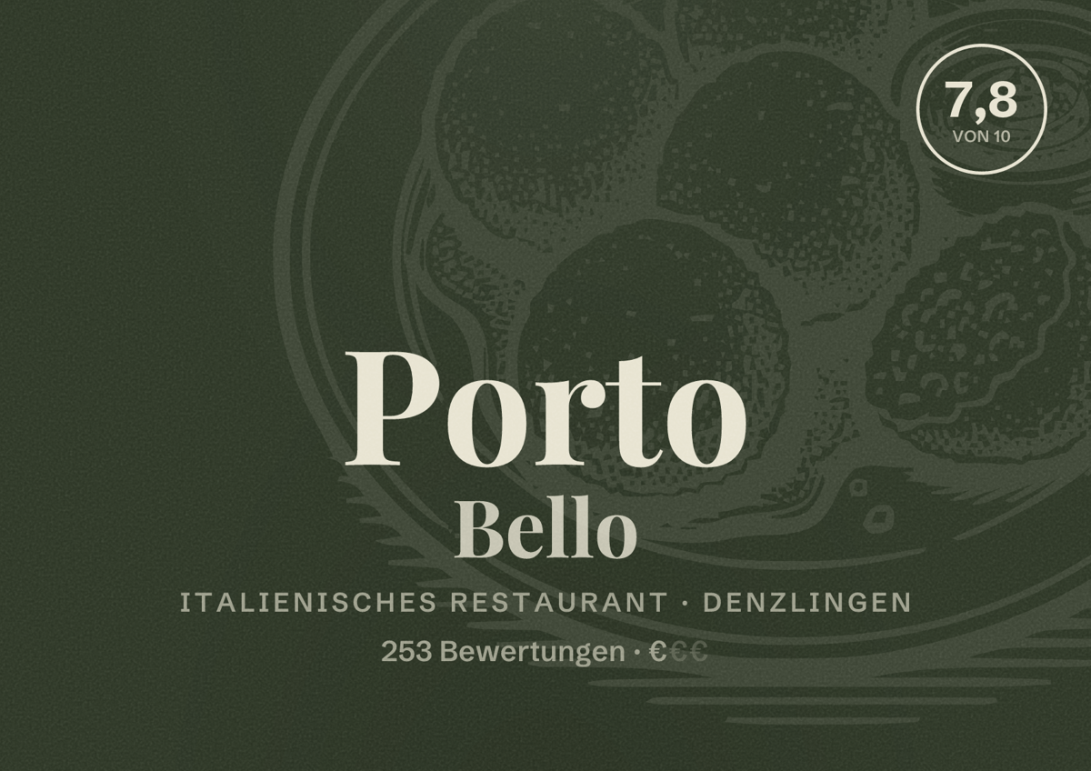 Illustriertes Poster von Porto Bello, Italienisches Restaurant in Denzlingen: Bewertung 7,8 von 10 aus 253 Bewertungen, Preisniveau €