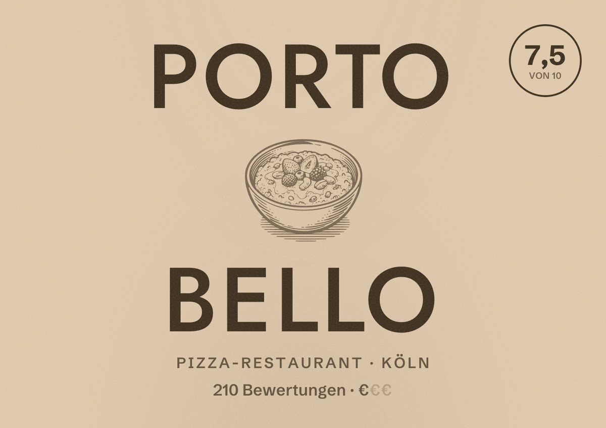 Illustriertes Poster von Porto Bello, Pizza-Restaurant in Köln: Bewertung 7,5 von 10 aus 210 Bewertungen, Preisniveau €