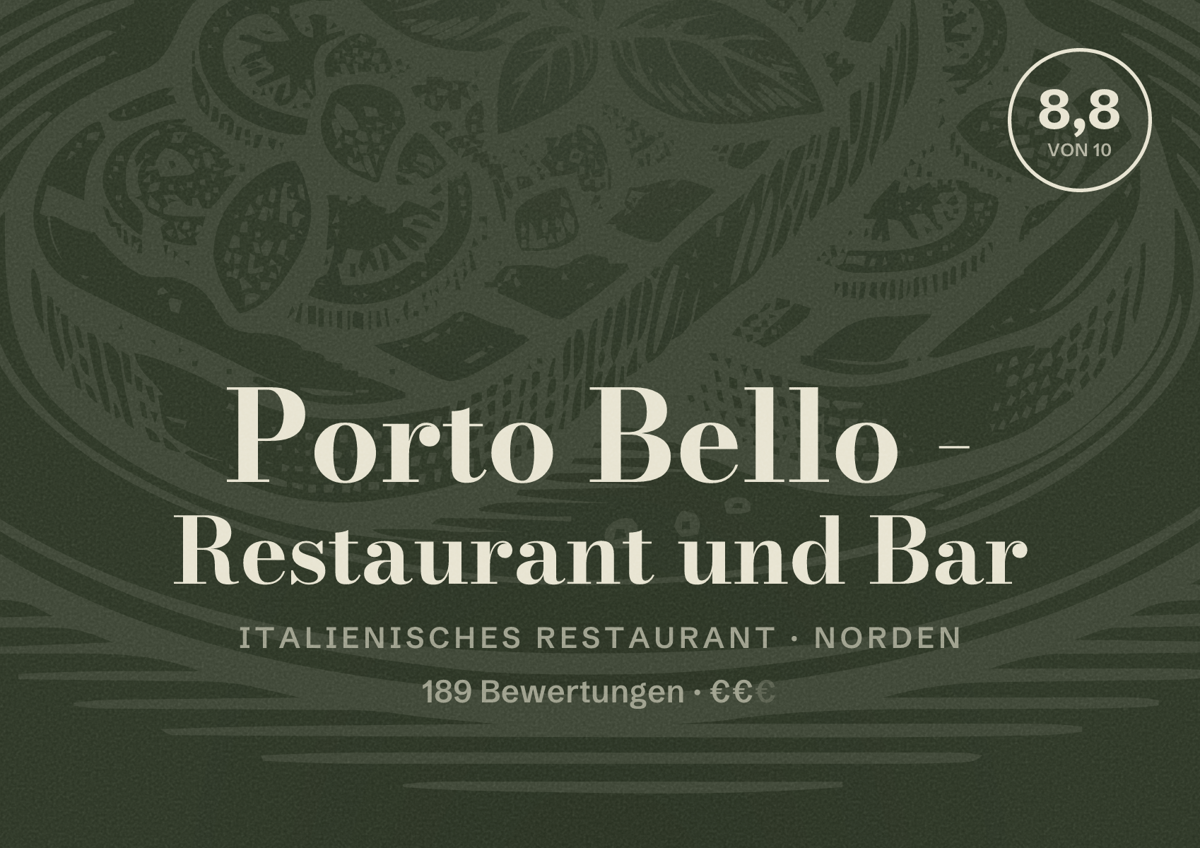 Illustriertes Poster von Porto Bello - Restaurant und Bar, Italienisches Restaurant in Norden: Bewertung 8,8 von 10 aus 189 Bewertungen, Preisniveau €€