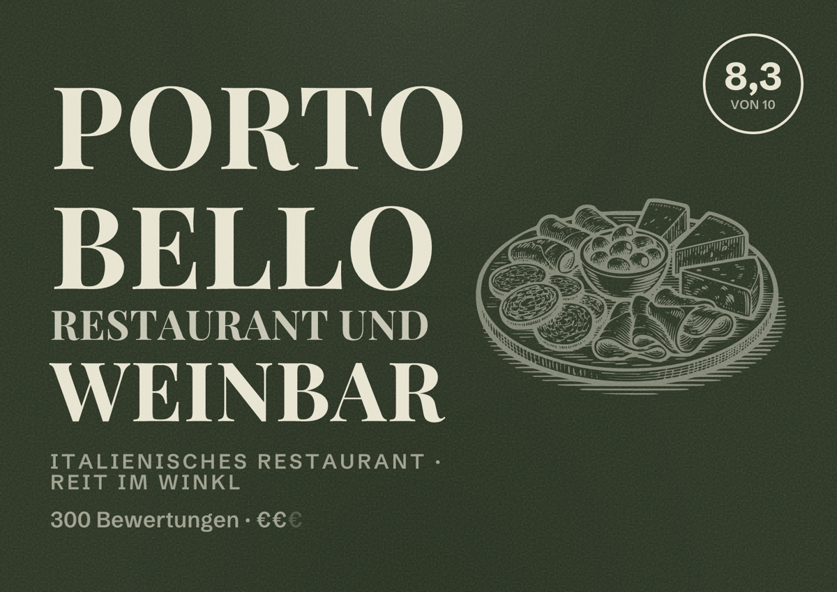 Illustriertes Poster von Porto Bello Restaurant und Weinbar, Italienisches Restaurant in Reit im Winkl: Bewertung 8,3 von 10 aus 300 Bewertungen, Preisniveau €€