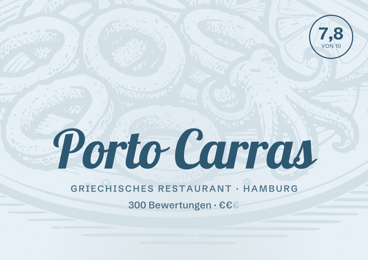 Illustriertes Poster von Porto Carras, Griechisches Restaurant in Hamburg: Bewertung 7,8 von 10 aus 300 Bewertungen, Preisniveau €€