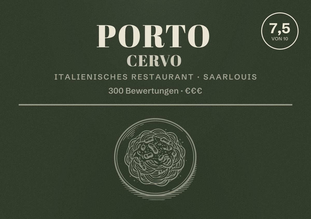 Illustriertes Poster von Porto Cervo, Italienisches Restaurant in Saarlouis: Bewertung 7,5 von 10 aus 300 Bewertungen, Preisniveau €€€