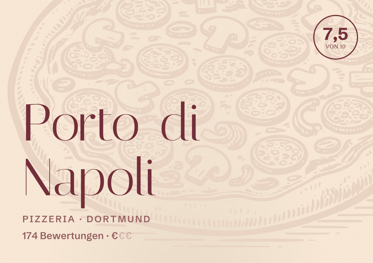 Illustriertes Poster von Porto di Napoli, Pizzeria in Dortmund: Bewertung 7,5 von 10 aus 174 Bewertungen, Preisniveau €