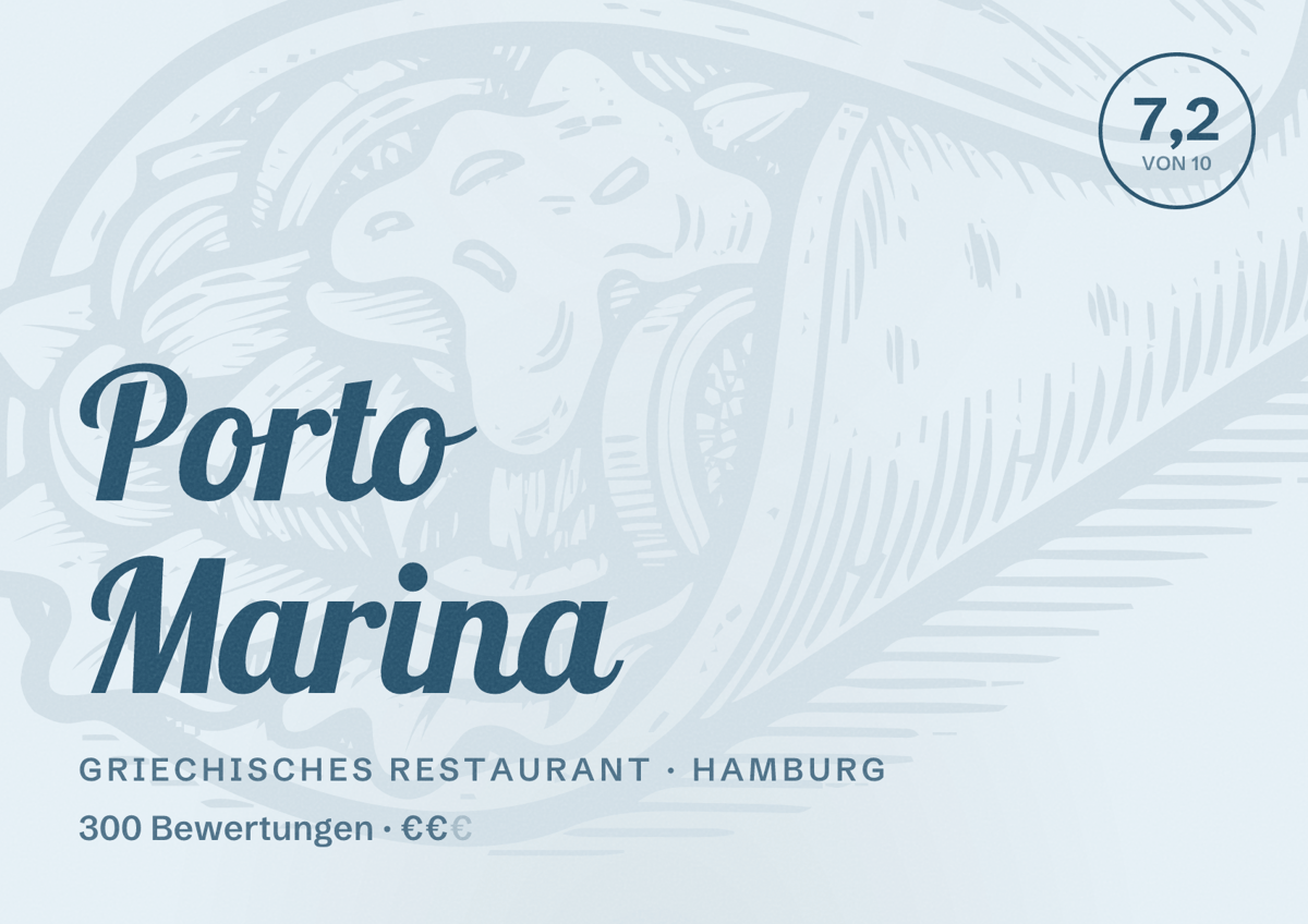 Illustriertes Poster von Porto Marina, Griechisches Restaurant in Hamburg: Bewertung 7,2 von 10 aus 300 Bewertungen, Preisniveau €€