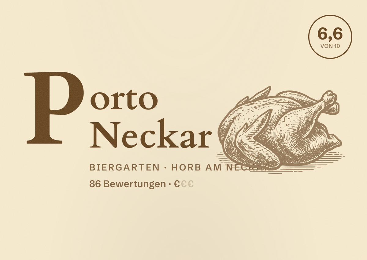 Illustriertes Poster von Porto Neckar, Biergarten in Horb am Neckar: Bewertung 6,6 von 10 aus 86 Bewertungen, Preisniveau €