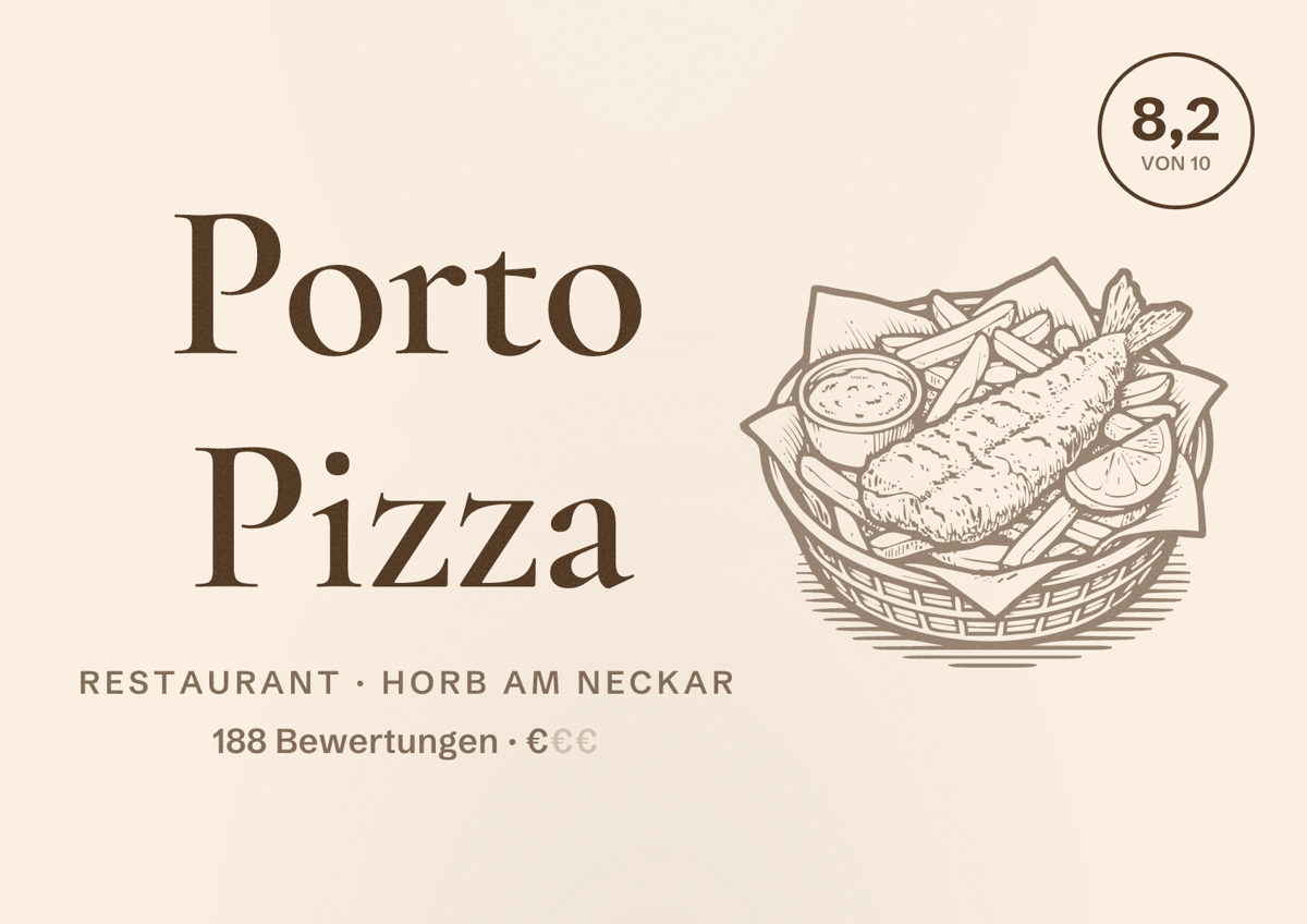 Illustriertes Poster von Porto Pizza, Restaurant in Horb am Neckar: Bewertung 8,2 von 10 aus 188 Bewertungen, Preisniveau €