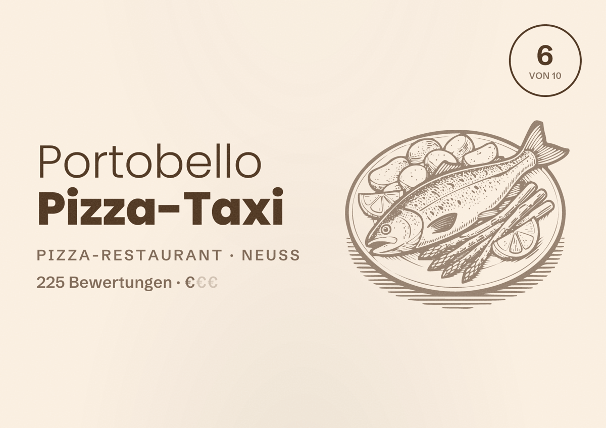 Illustriertes Poster von Portobello Pizza-Taxi, Pizza-Restaurant in Neuss: Bewertung 6 von 10 aus 225 Bewertungen, Preisniveau €