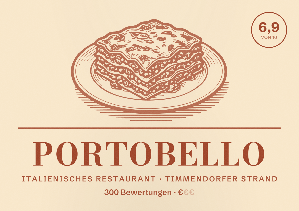Illustriertes Poster von Portobello, Italienisches Restaurant in Timmendorfer Strand: Bewertung 6,9 von 10 aus 300 Bewertungen, Preisniveau €