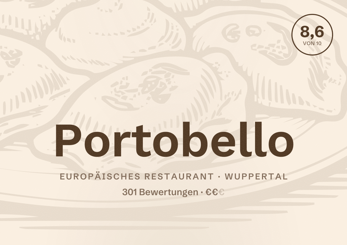 Illustriertes Poster von Portobello, Europäisches Restaurant in Wuppertal: Bewertung 8,6 von 10 aus 301 Bewertungen, Preisniveau €€