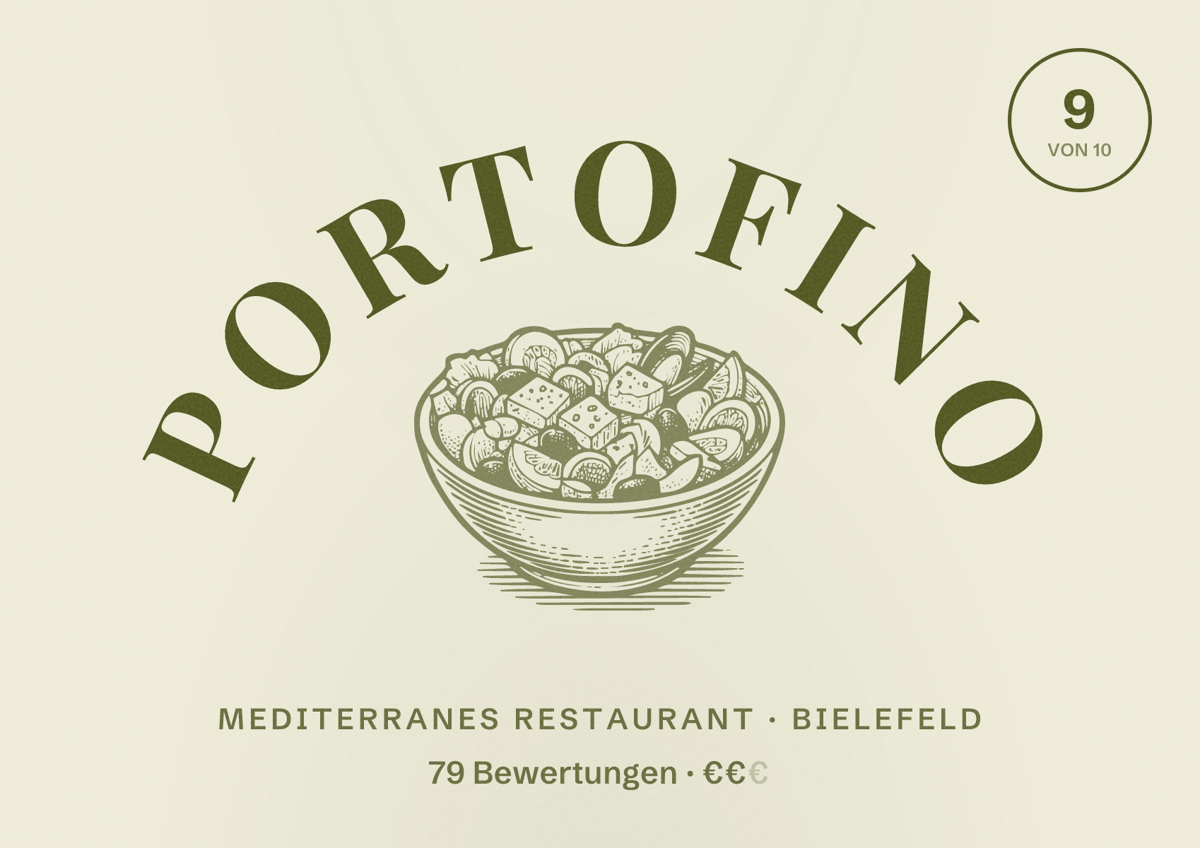Illustriertes Poster von Portofino, Mediterranes Restaurant in Bielefeld: Bewertung 9 von 10 aus 79 Bewertungen, Preisniveau €€