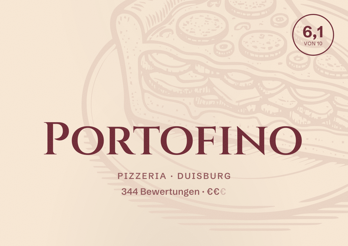 Illustriertes Poster von Portofino, Pizzeria in Duisburg: Bewertung 6,1 von 10 aus 344 Bewertungen, Preisniveau €€