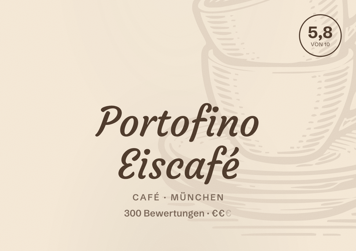 Illustriertes Poster von Portofino Eiscafé, Café in München: Bewertung 5,8 von 10 aus 300 Bewertungen, Preisniveau €€