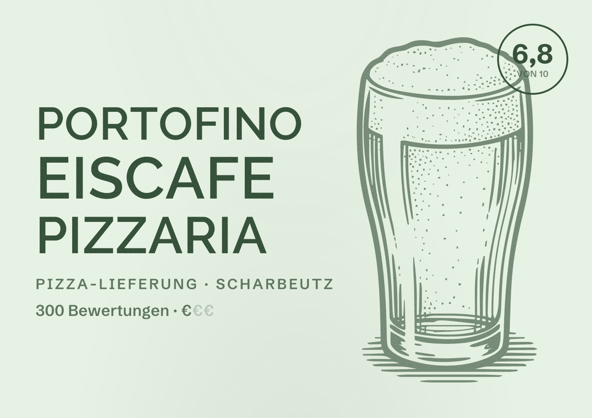 Illustriertes Poster von Portofino Eiscafe Pizzaria, Pizza-Lieferung in Scharbeutz: Bewertung 6,8 von 10 aus 300 Bewertungen, Preisniveau €