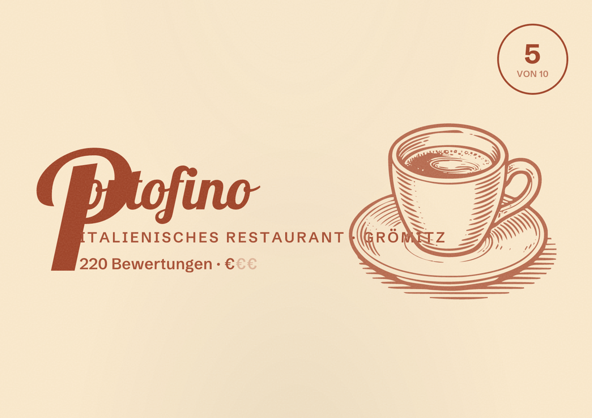 Illustriertes Poster von Portofino, Italienisches Restaurant in Grömitz: Bewertung 5 von 10 aus 220 Bewertungen, Preisniveau €