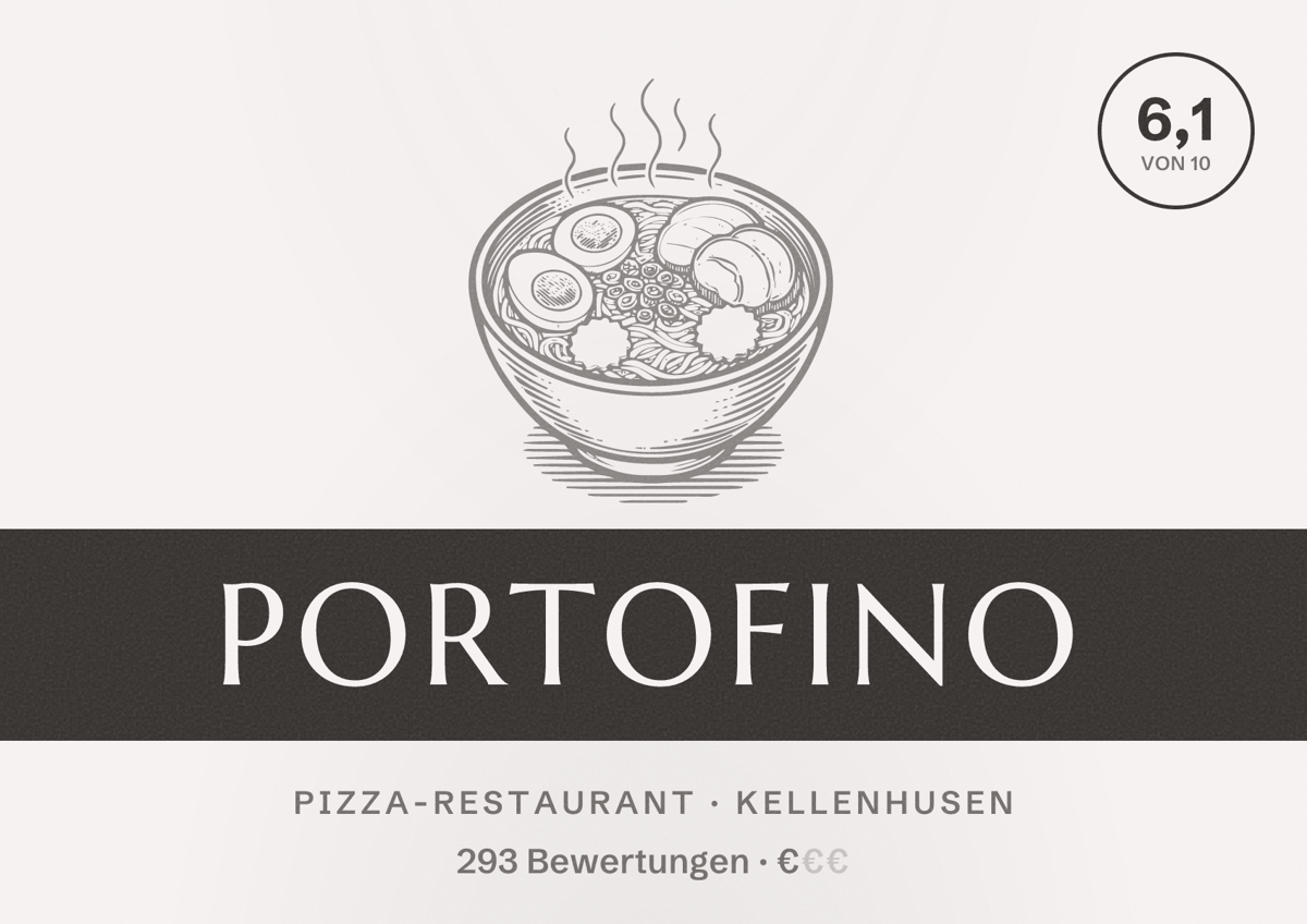 Illustriertes Poster von Portofino, Pizza-Restaurant in Kellenhusen: Bewertung 6,1 von 10 aus 293 Bewertungen, Preisniveau €