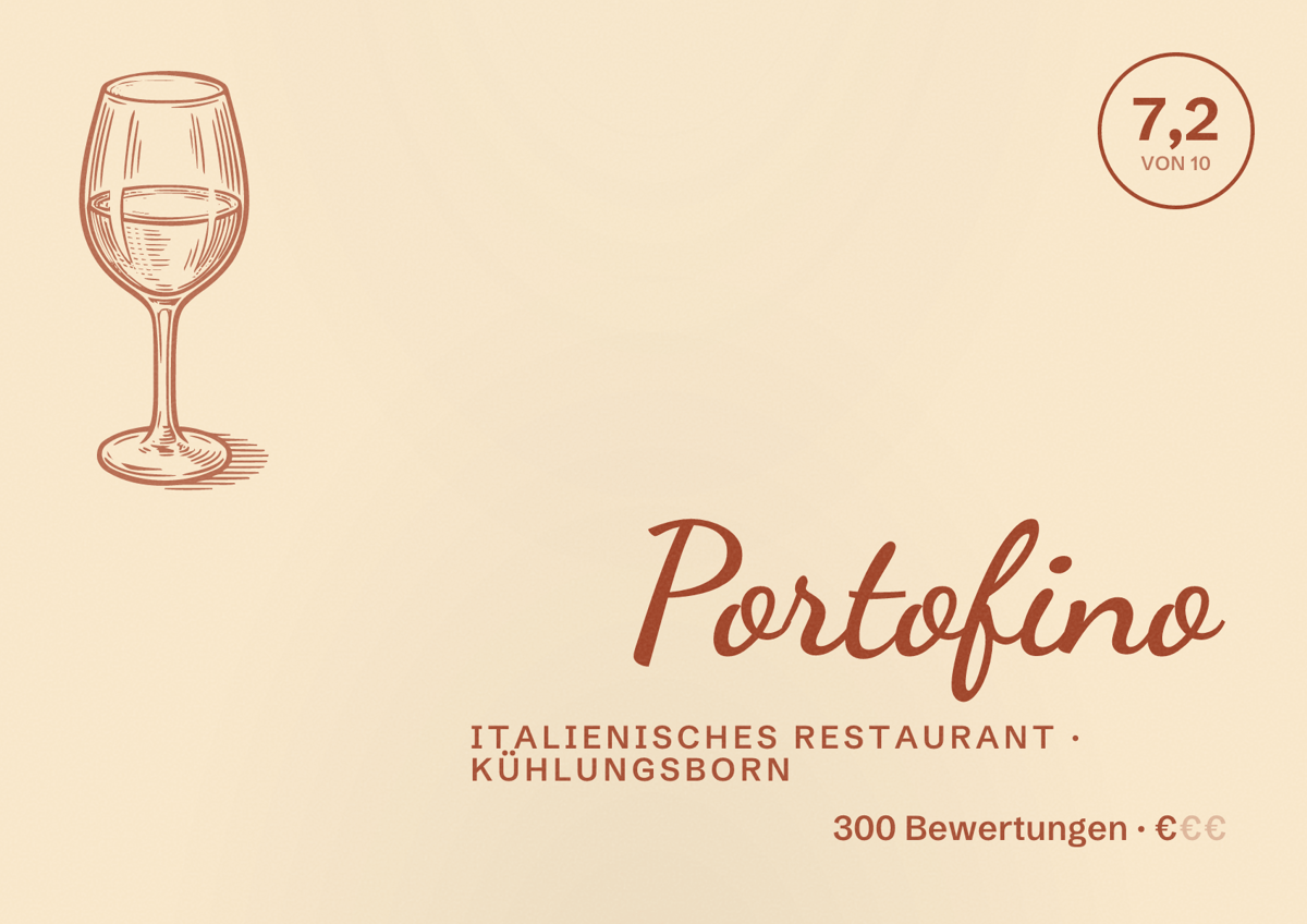 Illustriertes Poster von Portofino, Italienisches Restaurant in Kühlungsborn: Bewertung 7,2 von 10 aus 300 Bewertungen, Preisniveau €