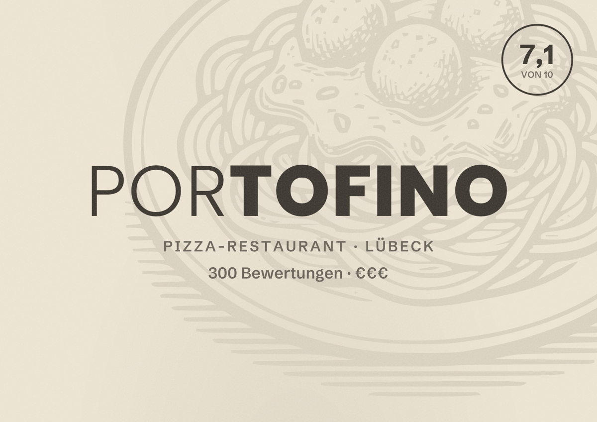 Illustriertes Poster von Portofino, Pizza-Restaurant in Lübeck: Bewertung 7,1 von 10 aus 300 Bewertungen, Preisniveau €€€
