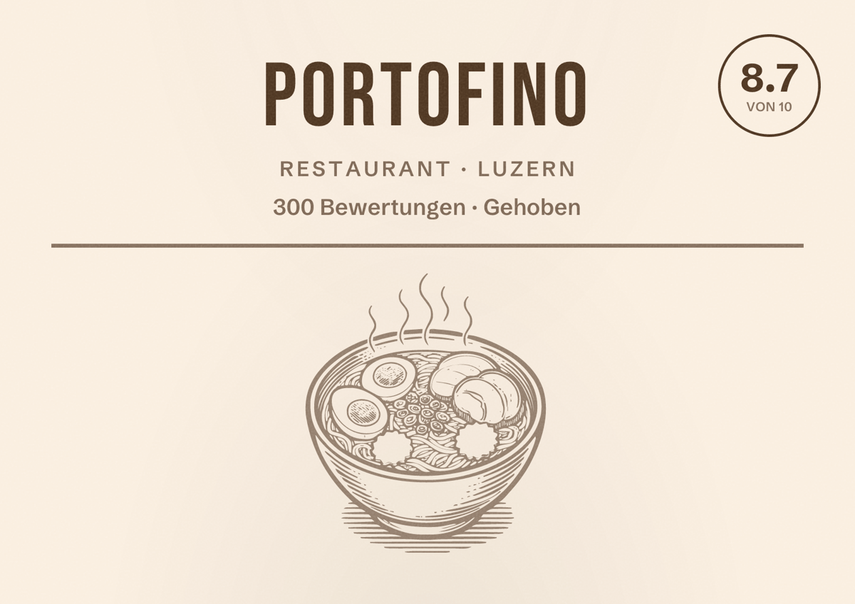 Illustriertes Poster von Portofino, Restaurant in Luzern: Bewertung 8.7 von 10 aus 300 Bewertungen, Preisniveau Gehoben