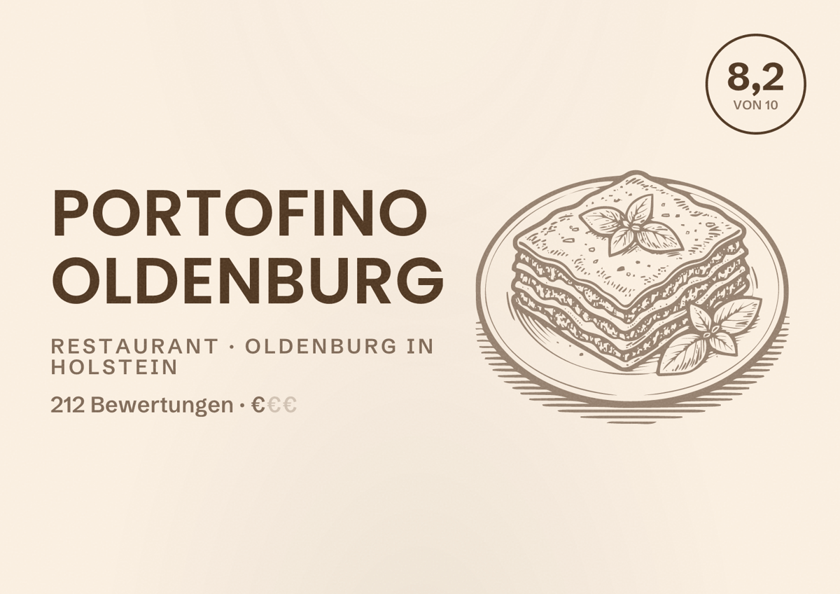 Illustriertes Poster von Portofino Oldenburg, Restaurant in Oldenburg in Holstein: Bewertung 8,2 von 10 aus 212 Bewertungen, Preisniveau €