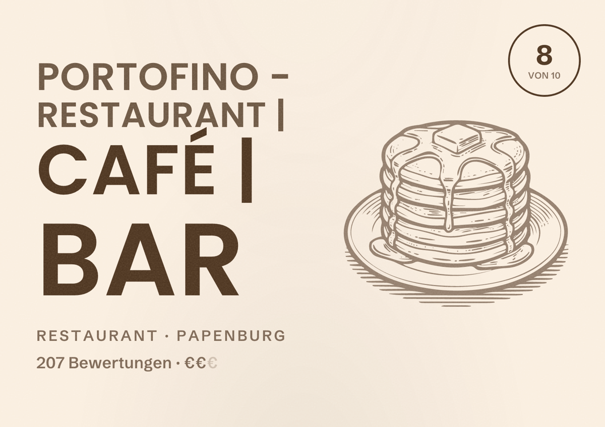 Illustriertes Poster von Portofino - Restaurant | Café | Bar, Restaurant in Papenburg: Bewertung 8 von 10 aus 207 Bewertungen, Preisniveau €€