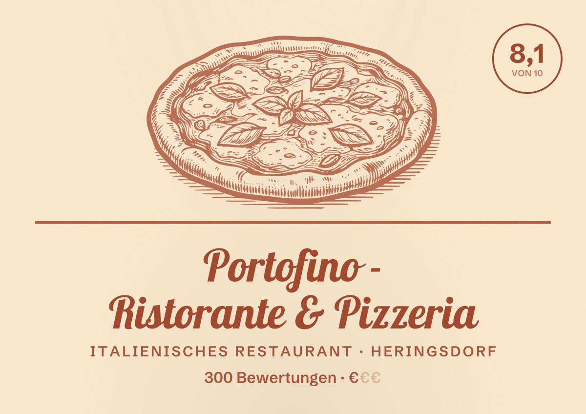 Illustriertes Poster von Portofino - Ristorante & Pizzeria, Italienisches Restaurant in Heringsdorf: Bewertung 8,1 von 10 aus 300 Bewertungen, Preisniveau €