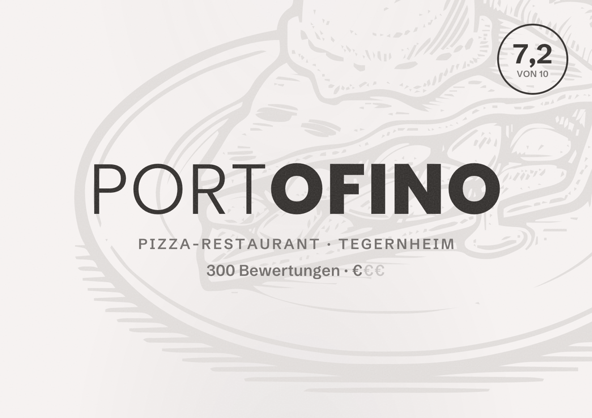 Illustriertes Poster von Portofino, Pizza-Restaurant in Tegernheim: Bewertung 7,2 von 10 aus 300 Bewertungen, Preisniveau €