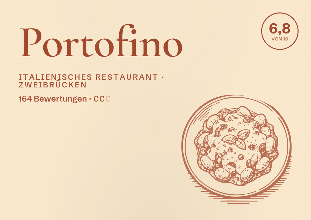 Illustriertes Poster von Portofino, Italienisches Restaurant in Zweibrücken: Bewertung 6,8 von 10 aus 164 Bewertungen, Preisniveau €€