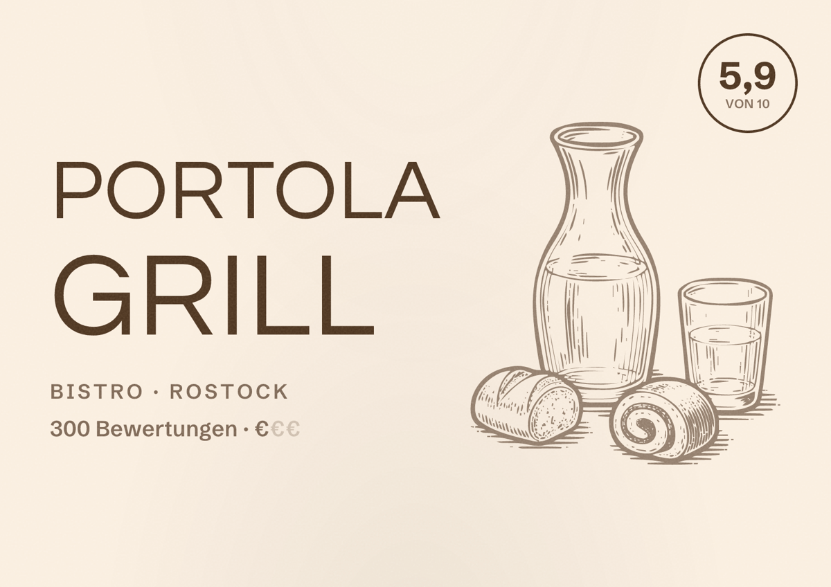 Illustriertes Poster von Portola Grill, Bistro in Rostock: Bewertung 5,9 von 10 aus 300 Bewertungen, Preisniveau €