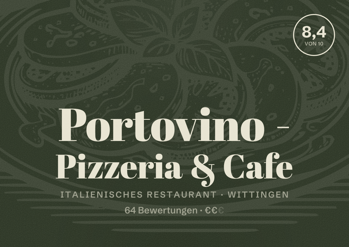 Illustriertes Poster von Portovino - Pizzeria & Cafe, Italienisches Restaurant in Wittingen: Bewertung 8,4 von 10 aus 64 Bewertungen, Preisniveau €€