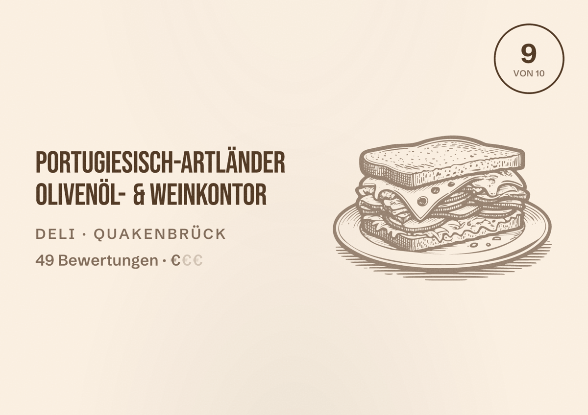 Illustriertes Poster von Portugiesisch-Artländer Olivenöl- & Weinkontor, Deli in Quakenbrück: Bewertung 9 von 10 aus 49 Bewertungen, Preisniveau €