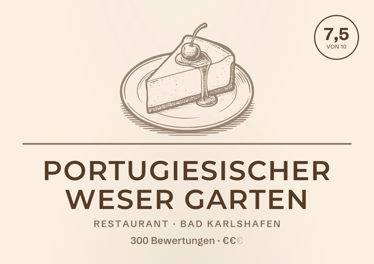 Illustriertes Poster von Portugiesischer Weser Garten, Restaurant in Bad Karlshafen: Bewertung 7,5 von 10 aus 300 Bewertungen, Preisniveau €€