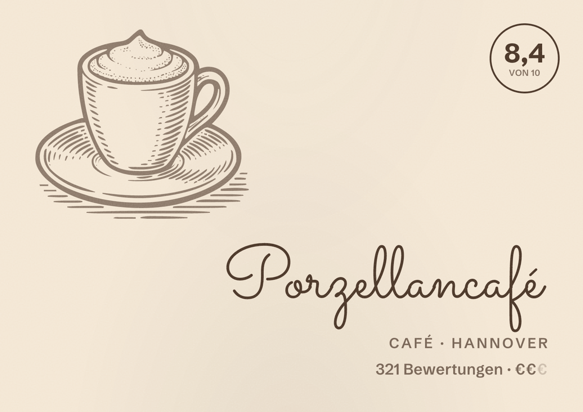 Illustriertes Poster von Porzellancafé, Café in Hannover: Bewertung 8,4 von 10 aus 321 Bewertungen, Preisniveau €€