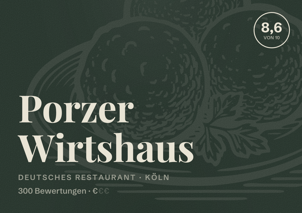 Illustriertes Poster von Porzer Wirtshaus, Deutsches Restaurant in Köln: Bewertung 8,6 von 10 aus 300 Bewertungen, Preisniveau €