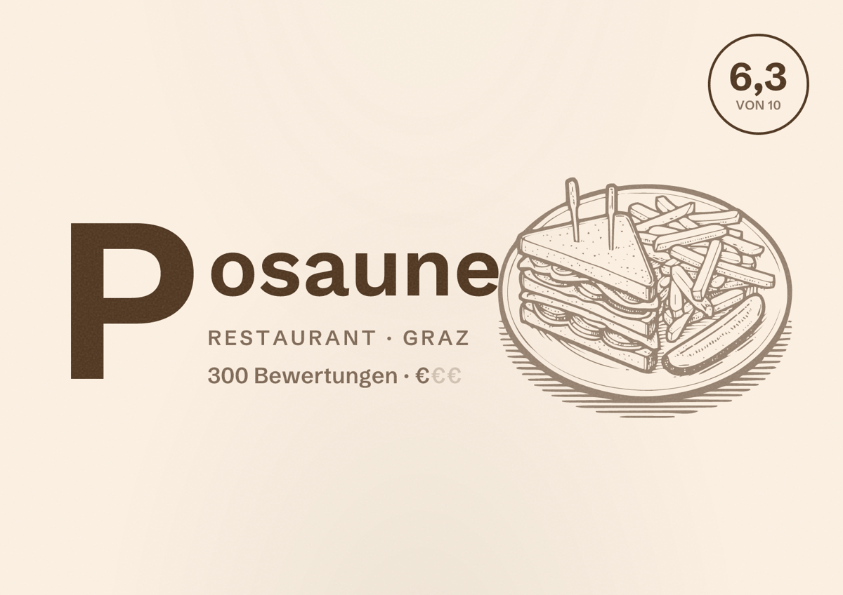 Illustriertes Poster von Posaune, Restaurant in Graz: Bewertung 6,3 von 10 aus 300 Bewertungen, Preisniveau €