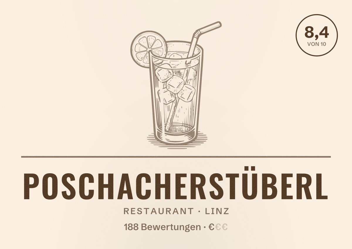 Illustriertes Poster von Poschacherstüberl, Restaurant in Linz: Bewertung 8,4 von 10 aus 188 Bewertungen, Preisniveau €