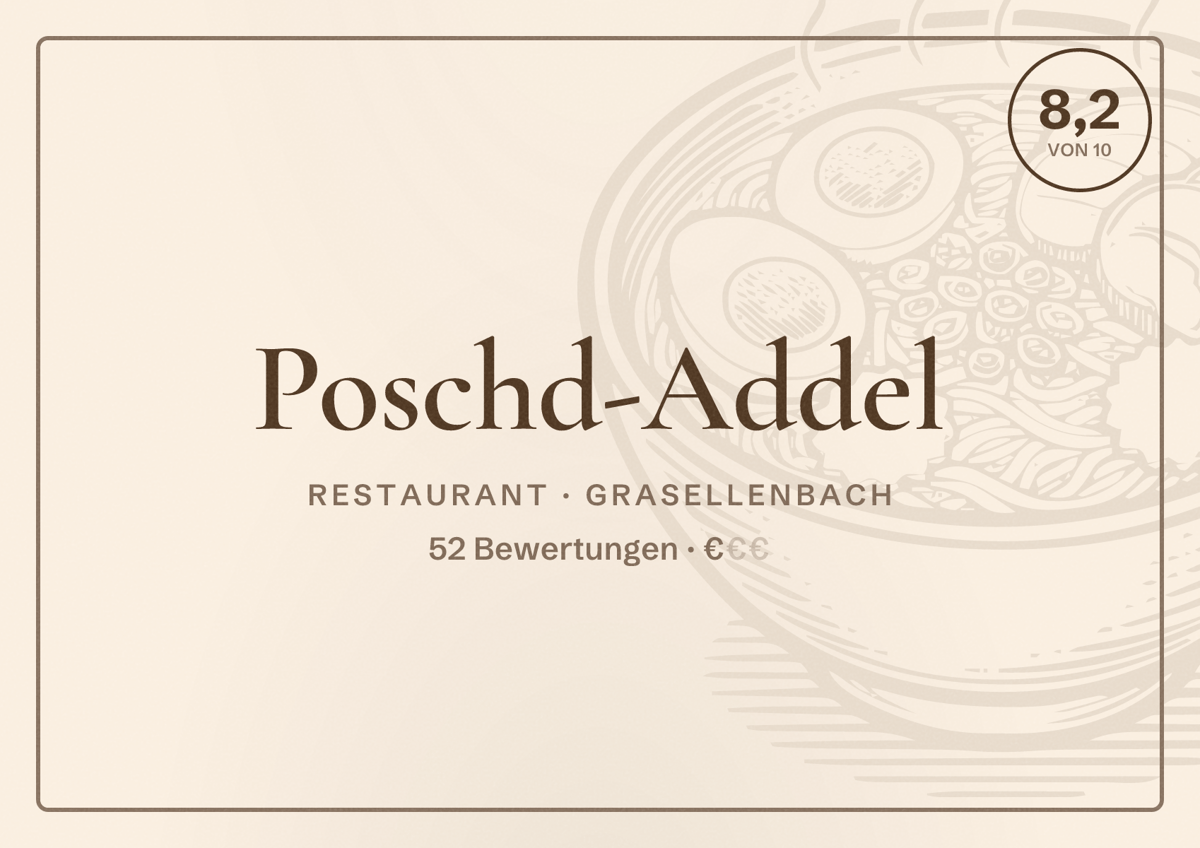 Illustriertes Poster von Poschd-Addel, Restaurant in Grasellenbach: Bewertung 8,2 von 10 aus 52 Bewertungen, Preisniveau €
