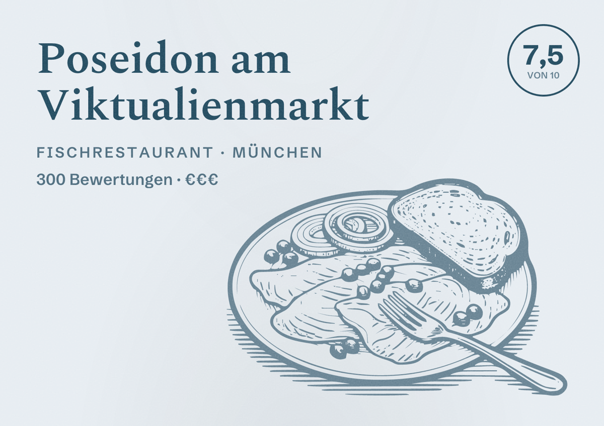 Illustriertes Poster von Poseidon am Viktualienmarkt, Fischrestaurant in München: Bewertung 7,5 von 10 aus 300 Bewertungen, Preisniveau €€€