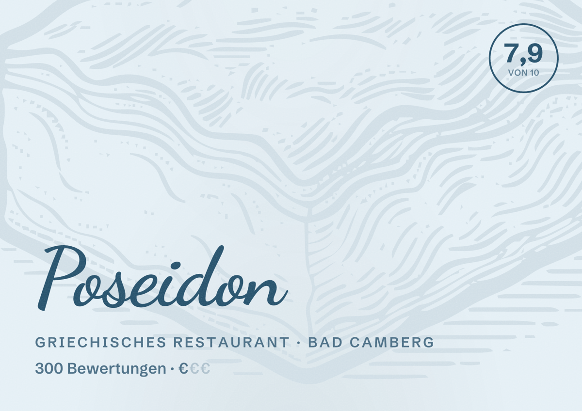 Illustriertes Poster von Poseidon, Griechisches Restaurant in Bad Camberg: Bewertung 7,9 von 10 aus 300 Bewertungen, Preisniveau €