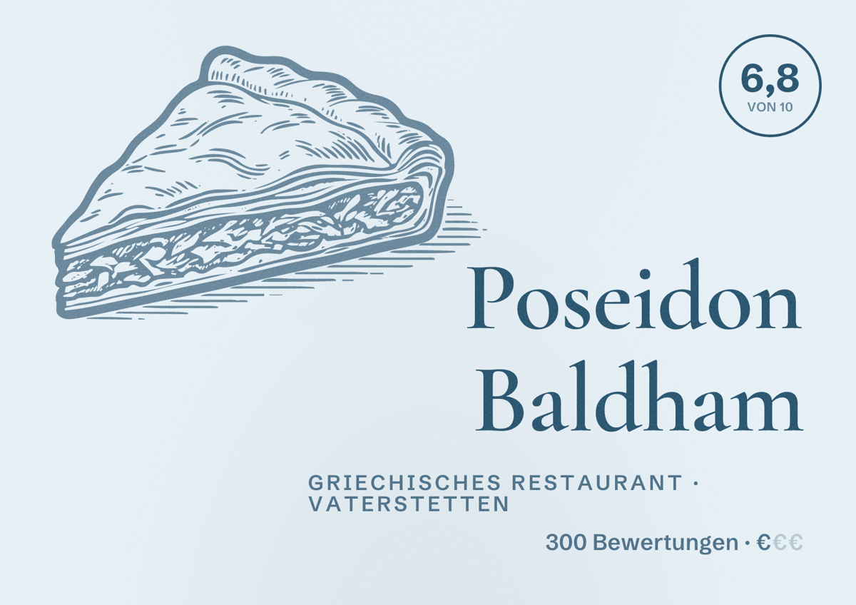 Illustriertes Poster von Poseidon Baldham, Griechisches Restaurant in Vaterstetten: Bewertung 6,8 von 10 aus 300 Bewertungen, Preisniveau €