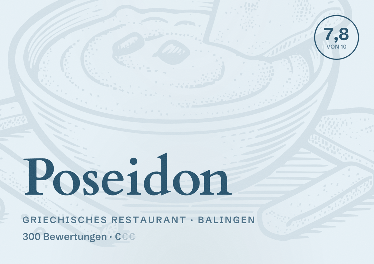 Illustriertes Poster von Poseidon, Griechisches Restaurant in Balingen: Bewertung 7,8 von 10 aus 300 Bewertungen, Preisniveau €