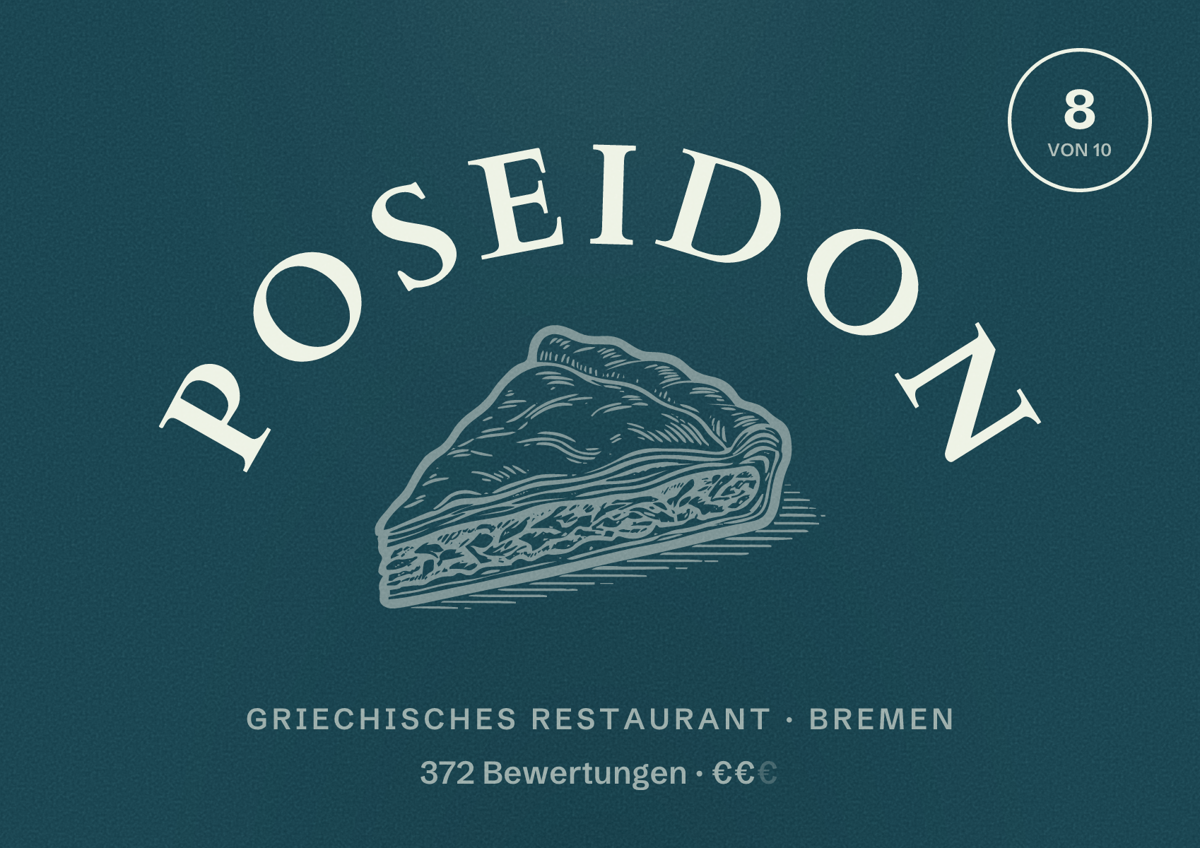 Illustriertes Poster von Poseidon, Griechisches Restaurant in Bremen: Bewertung 8 von 10 aus 372 Bewertungen, Preisniveau €€