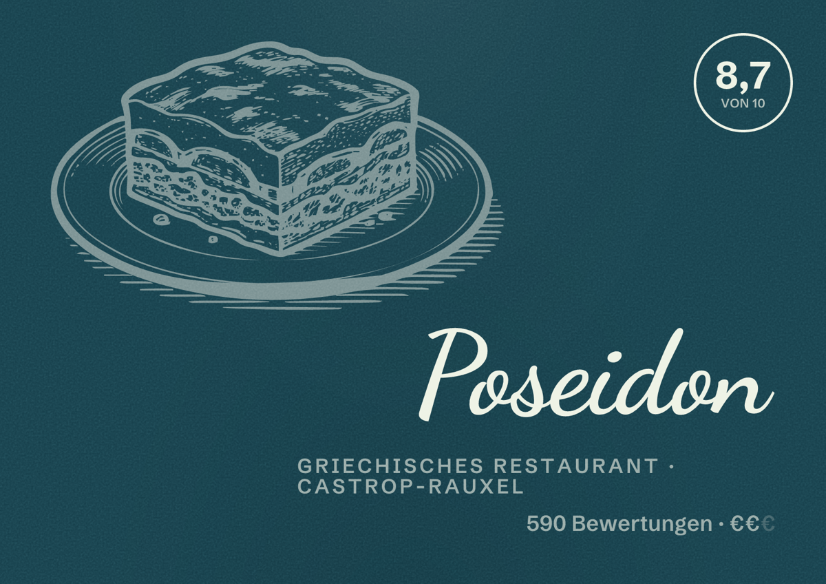 Illustriertes Poster von Poseidon, Griechisches Restaurant in Castrop-Rauxel: Bewertung 8,7 von 10 aus 590 Bewertungen, Preisniveau €€