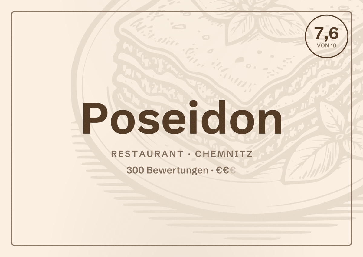 Illustriertes Poster von Poseidon, Restaurant in Chemnitz: Bewertung 7,6 von 10 aus 300 Bewertungen, Preisniveau €€