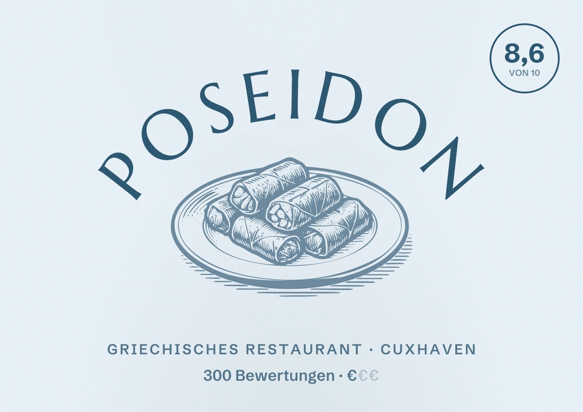 Illustriertes Poster von Poseidon, Griechisches Restaurant in Cuxhaven: Bewertung 8,6 von 10 aus 300 Bewertungen, Preisniveau €