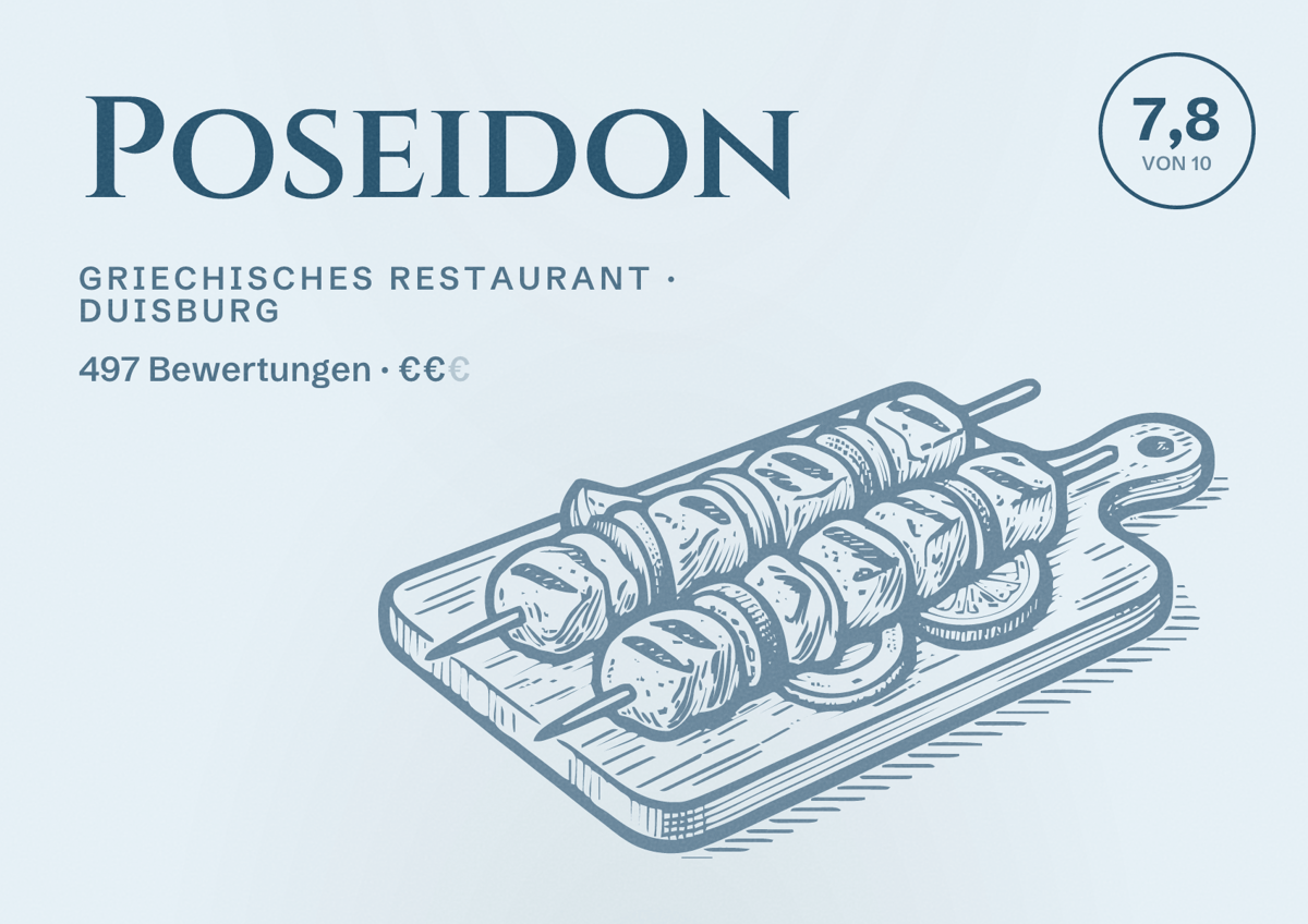 Illustriertes Poster von Poseidon, Griechisches Restaurant in Duisburg: Bewertung 7,8 von 10 aus 497 Bewertungen, Preisniveau €€